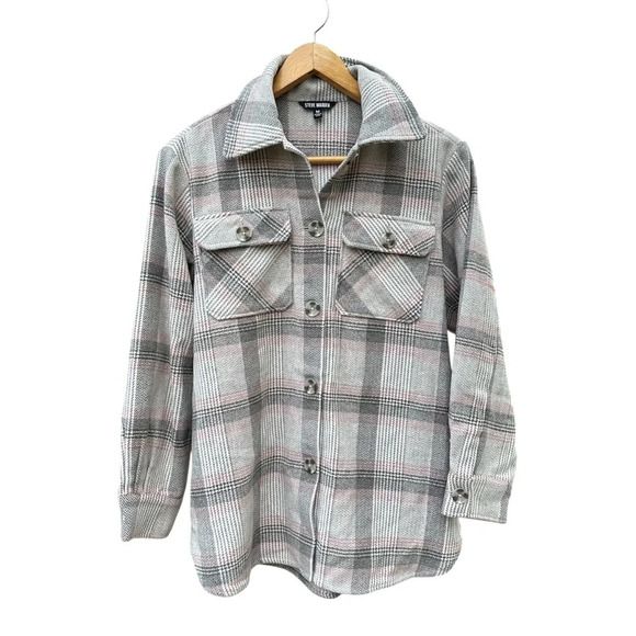 Steve Madden NWOT High Noon Cozy Gray Pink Plaid Flannel Sherpa Shacket Medium - Picture 1 of 10